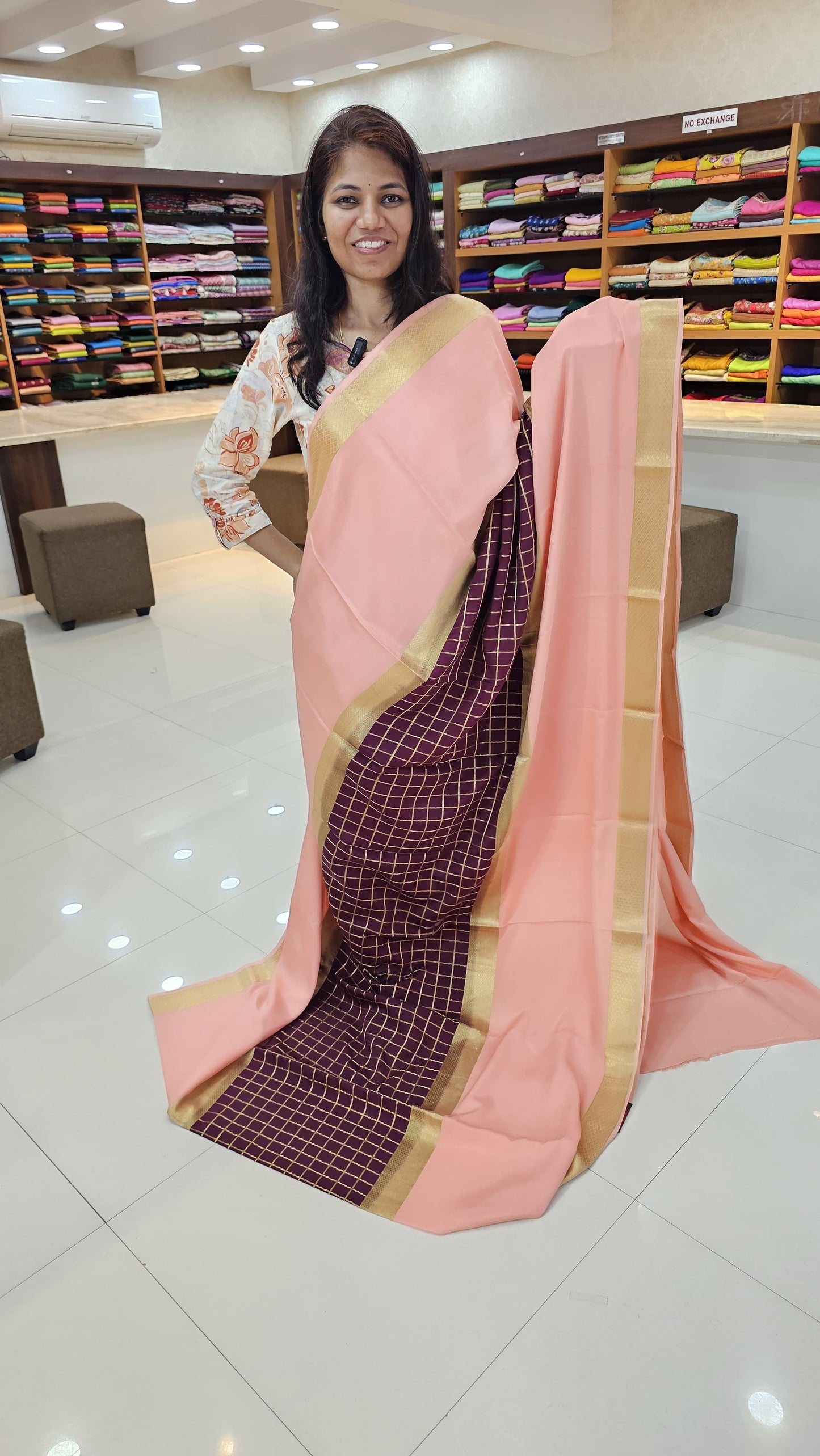 mysore crepe silk sarees in KSIC Finish in brown with peach with middle checks pattern