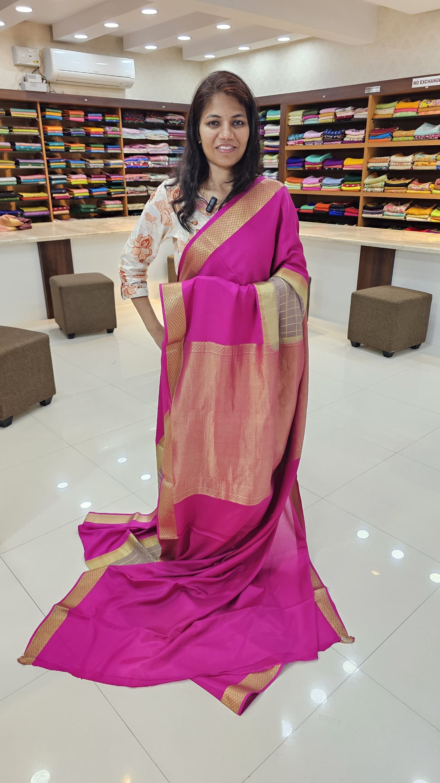 Mysore crepe silk sarees in KSIC Finish in chiku with rani pink middle checks pattern