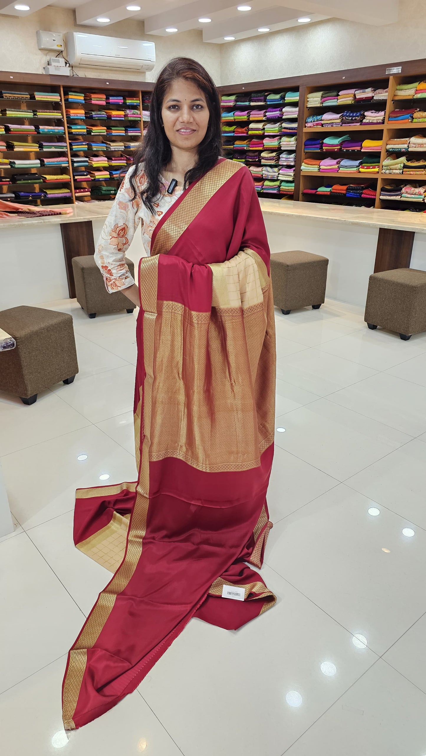 mysore crepe silK in KSIC Finish in beige with mroon red middle cheks pattern