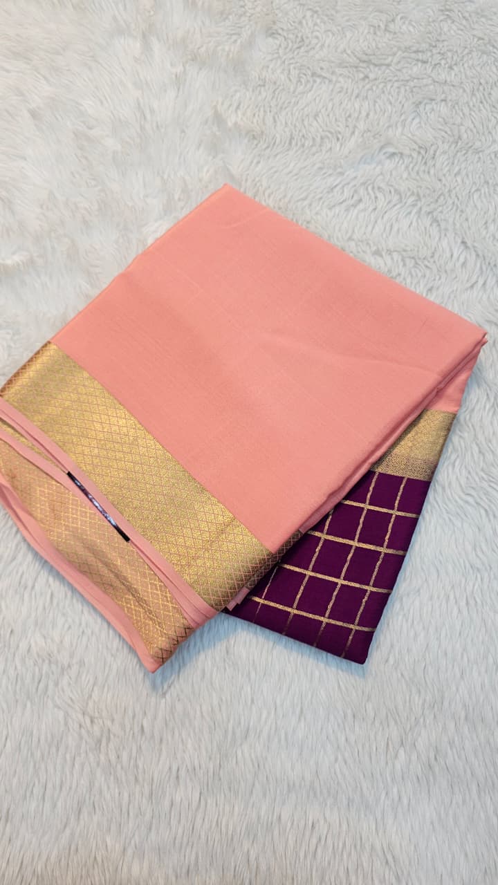 mysore crepe silk sarees in KSIC Finish dark megenta with peach pink middle checks pattern