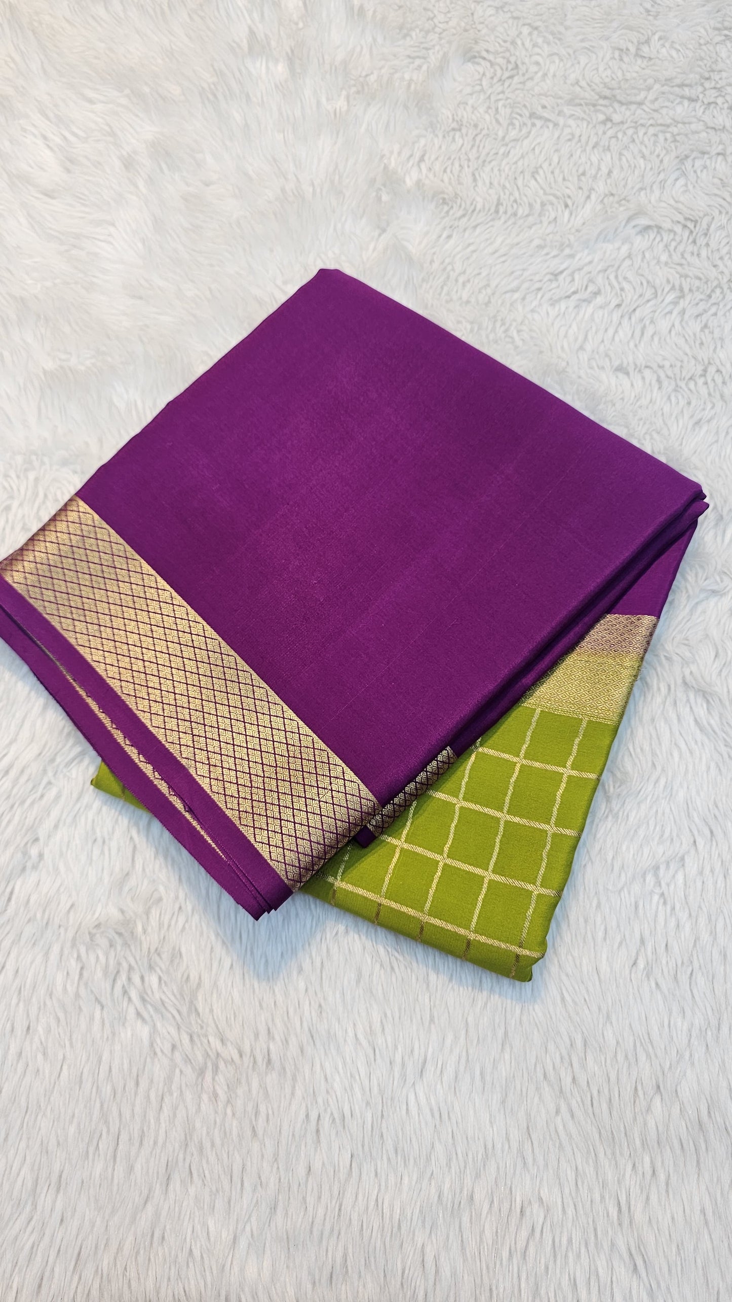 mysore crepe silK in KSIC Finish in mehendi green with purple middle checks pattern