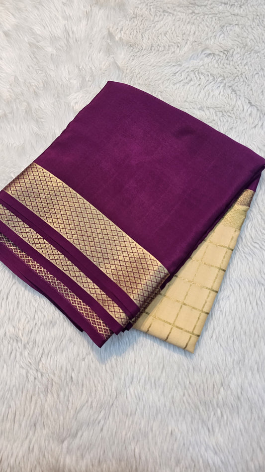mysore crepe silk sarees in KSIC Finish in sandal with purple middle checks pattern
