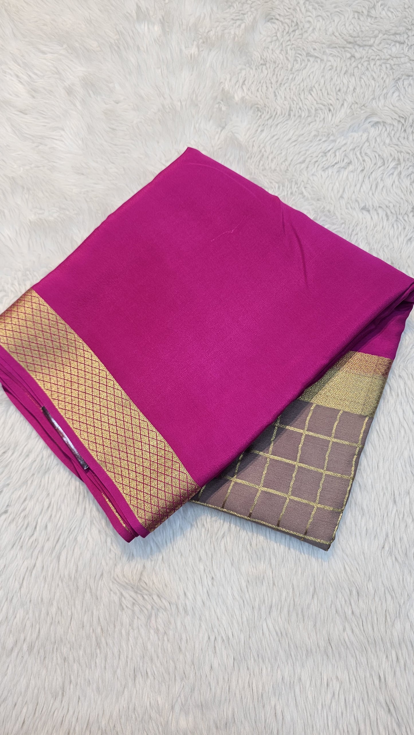 Mysore crepe silk sarees in KSIC Finish in chiku with rani pink middle checks pattern