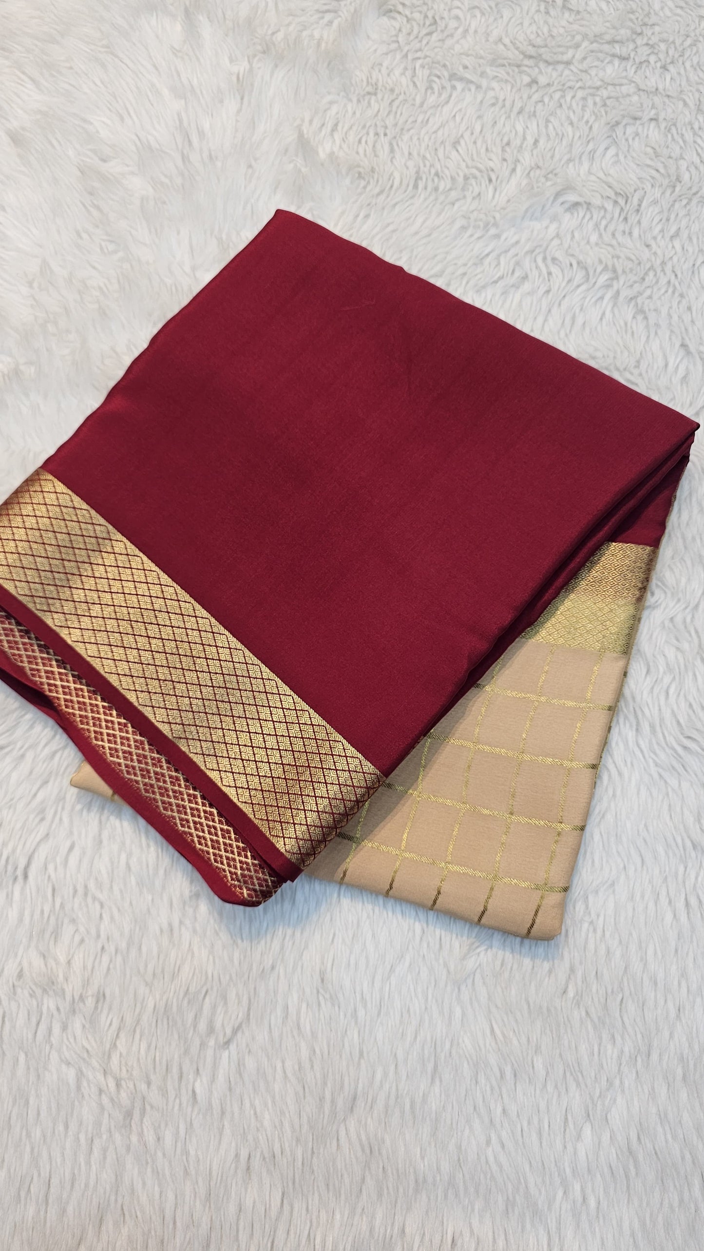 mysore crepe silK in KSIC Finish in beige with mroon red middle cheks pattern