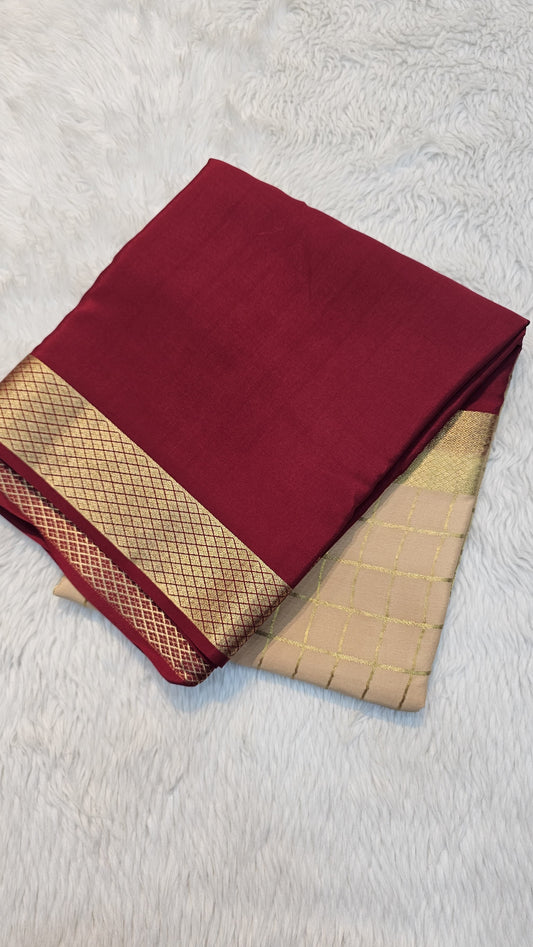 mysore crepe silK in KSIC Finish in beige with mroon red middle cheks pattern