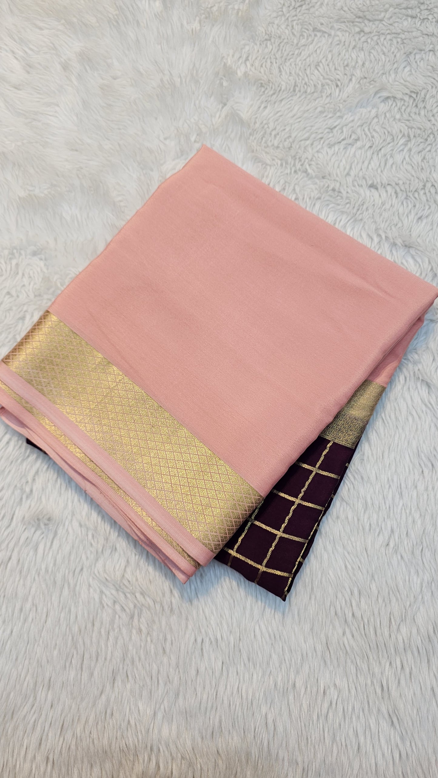 mysore crepe silk sarees in KSIC Finish in brown with peach with middle checks pattern