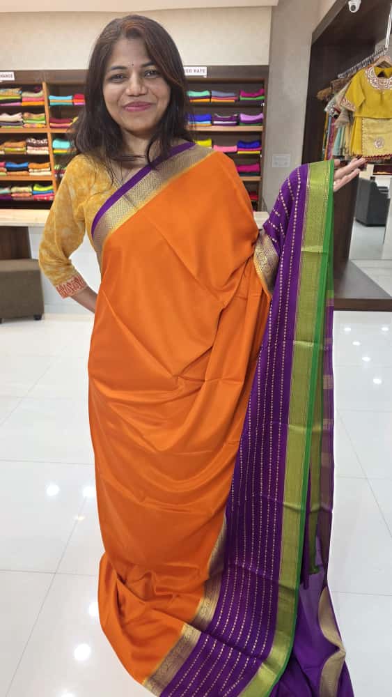 Mysore crepe silk sarees KSIC Finish in orange with purple 3d pattern