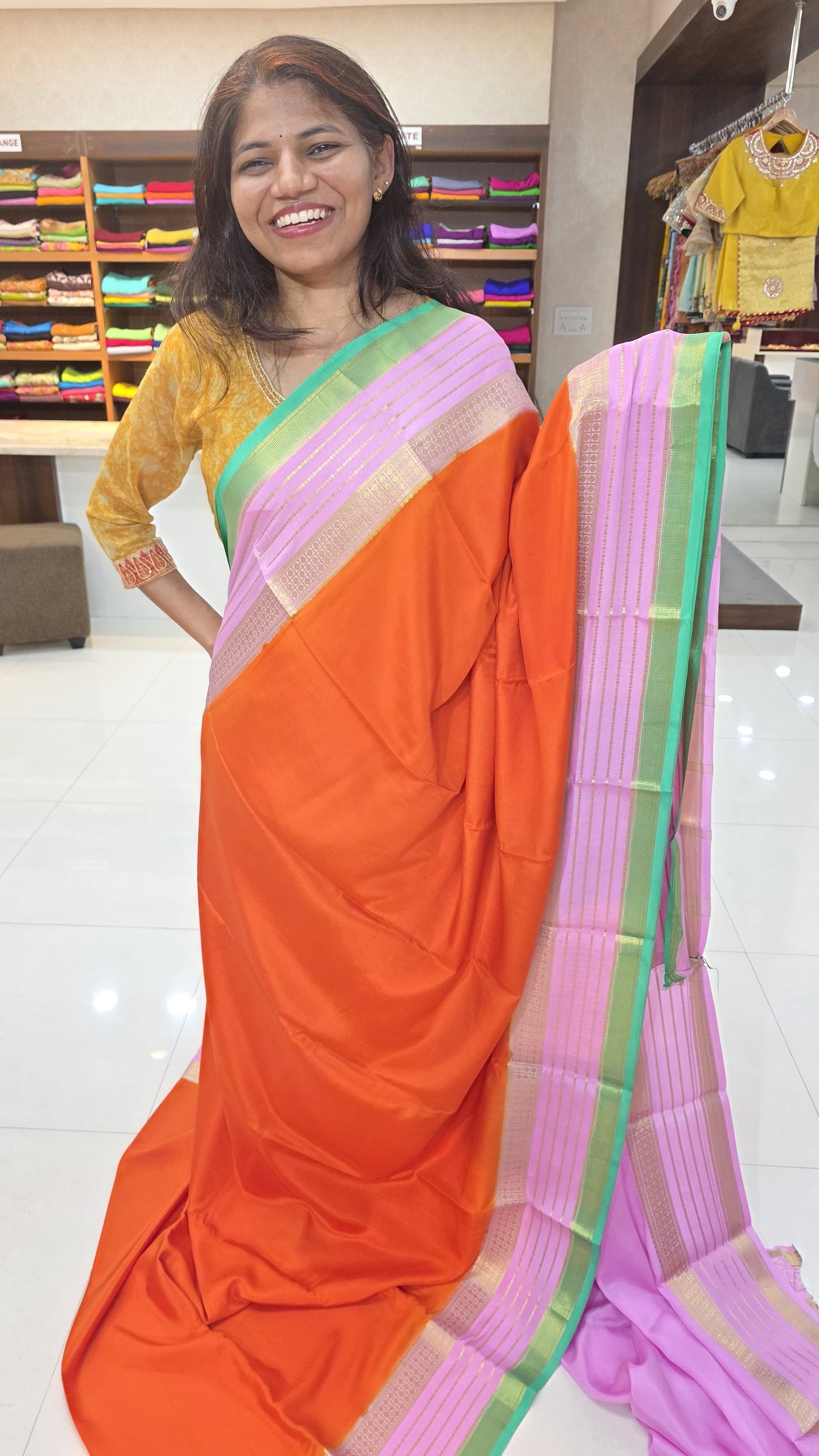 mysore crepe silK in KSIC Finish in orange with lavender pink 3d color