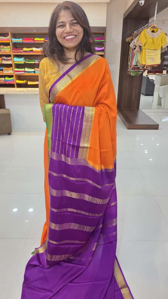 Mysore crepe silk sarees KSIC Finish in orange with purple 3d pattern