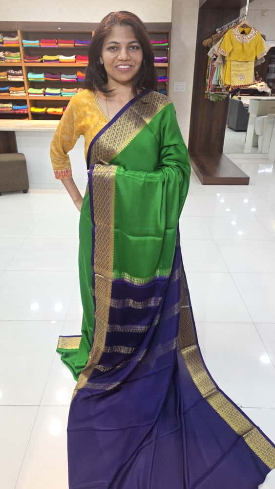 Mysore crepe silk saree with KSIC Finish in leaf green with ink blue with big border