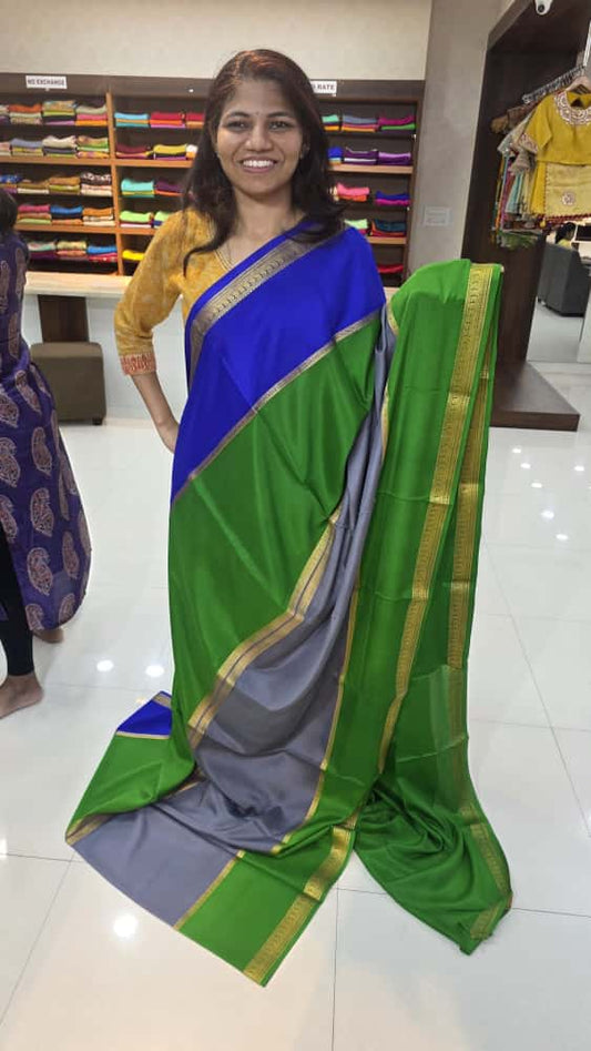 Mysore crepe silk saree with KSIC Finish in bottle green with grey half and half pattern