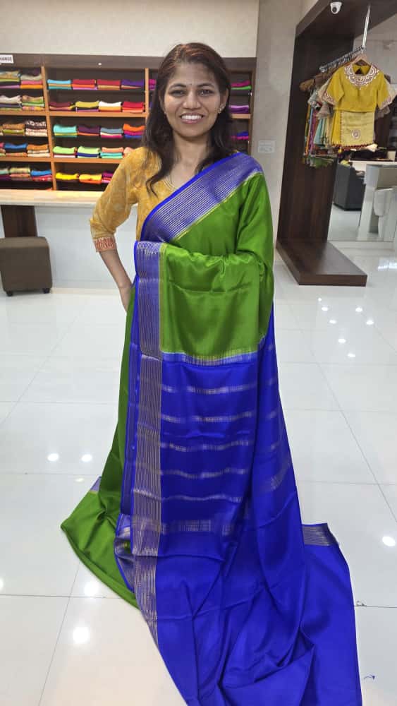 Mysore crepe silk saree with KSIC Finish in leaf green with royal blue big border