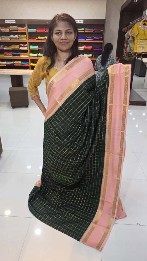 Mysore crepe silk saree with KSIC Finish in bottle green with peach checks pattern