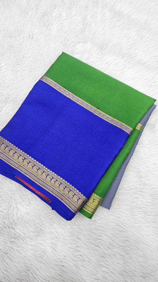 Mysore crepe silk saree with KSIC Finish in bottle green with grey half and half pattern
