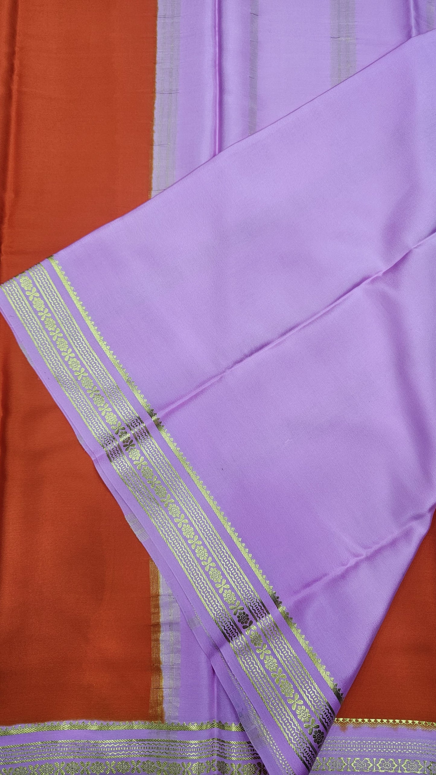 mysore crepe silk sarees in KSIC Finish in orange with baby pink flower border