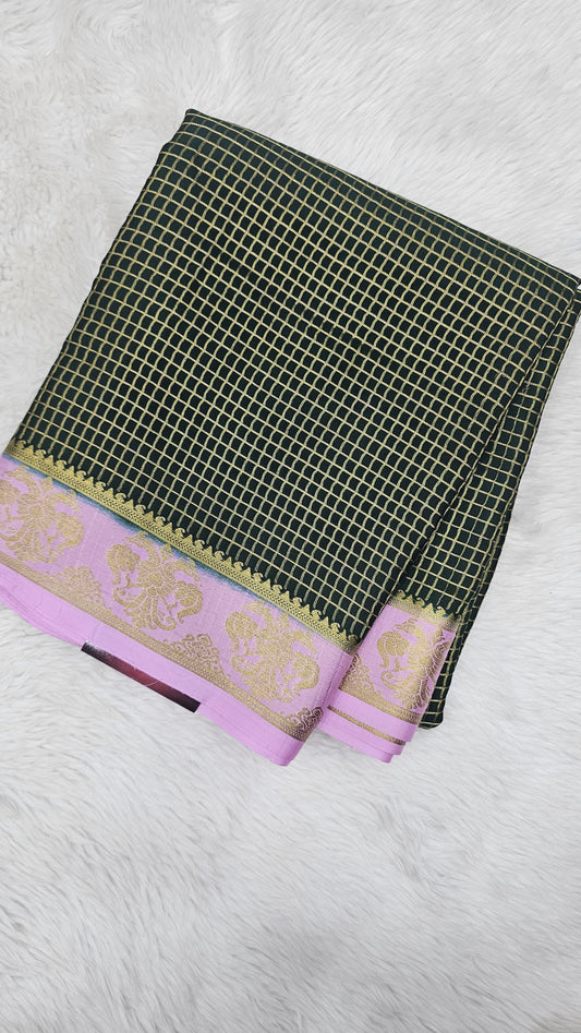 Mysore crepe silk saree in KSIC Finish in bottle green with baby pink ganda berunda border