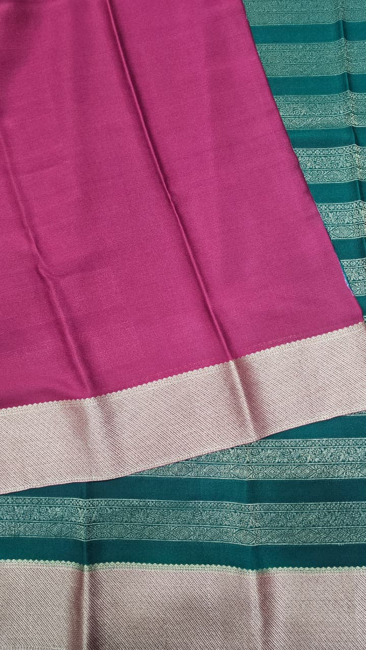 Mysore crepe silk saree in KSIC Finish in bottle green with maroon red brocade saree