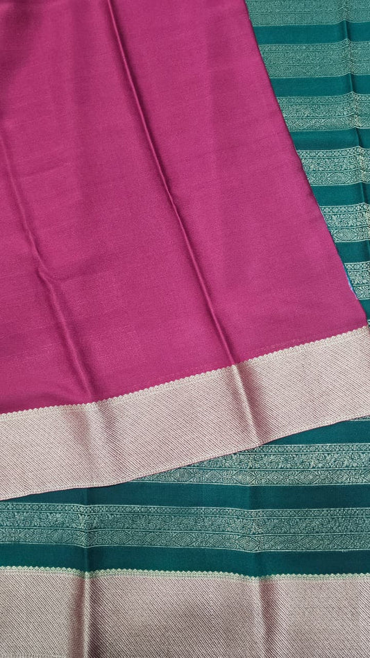 Mysore crepe silk saree in KSIC Finish in bottle green with maroon red brocade saree