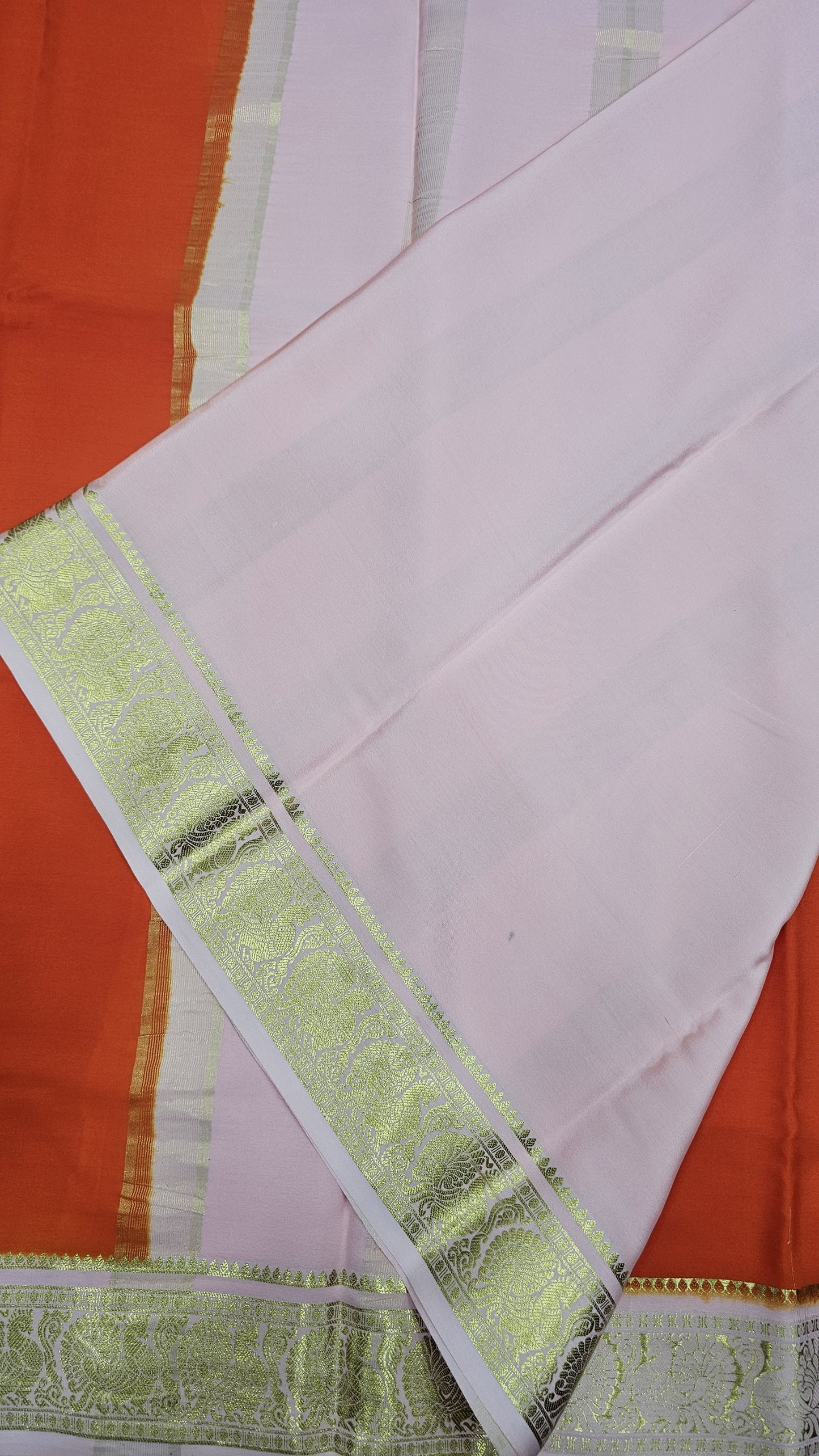 Mysore crepe silk saress in KSIC Finish in orange with peach with peacock border