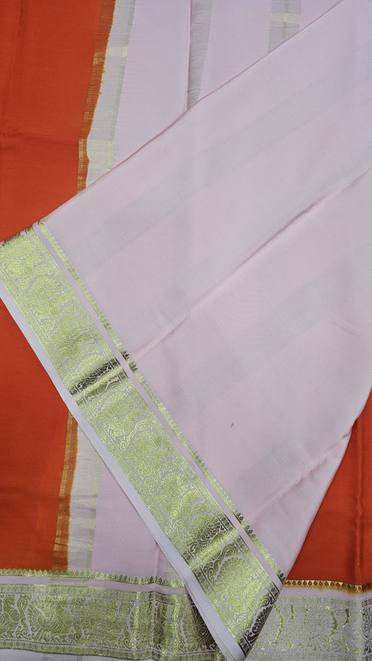 Mysore crepe silk saress in KSIC Finish in orange with peach with peacock border