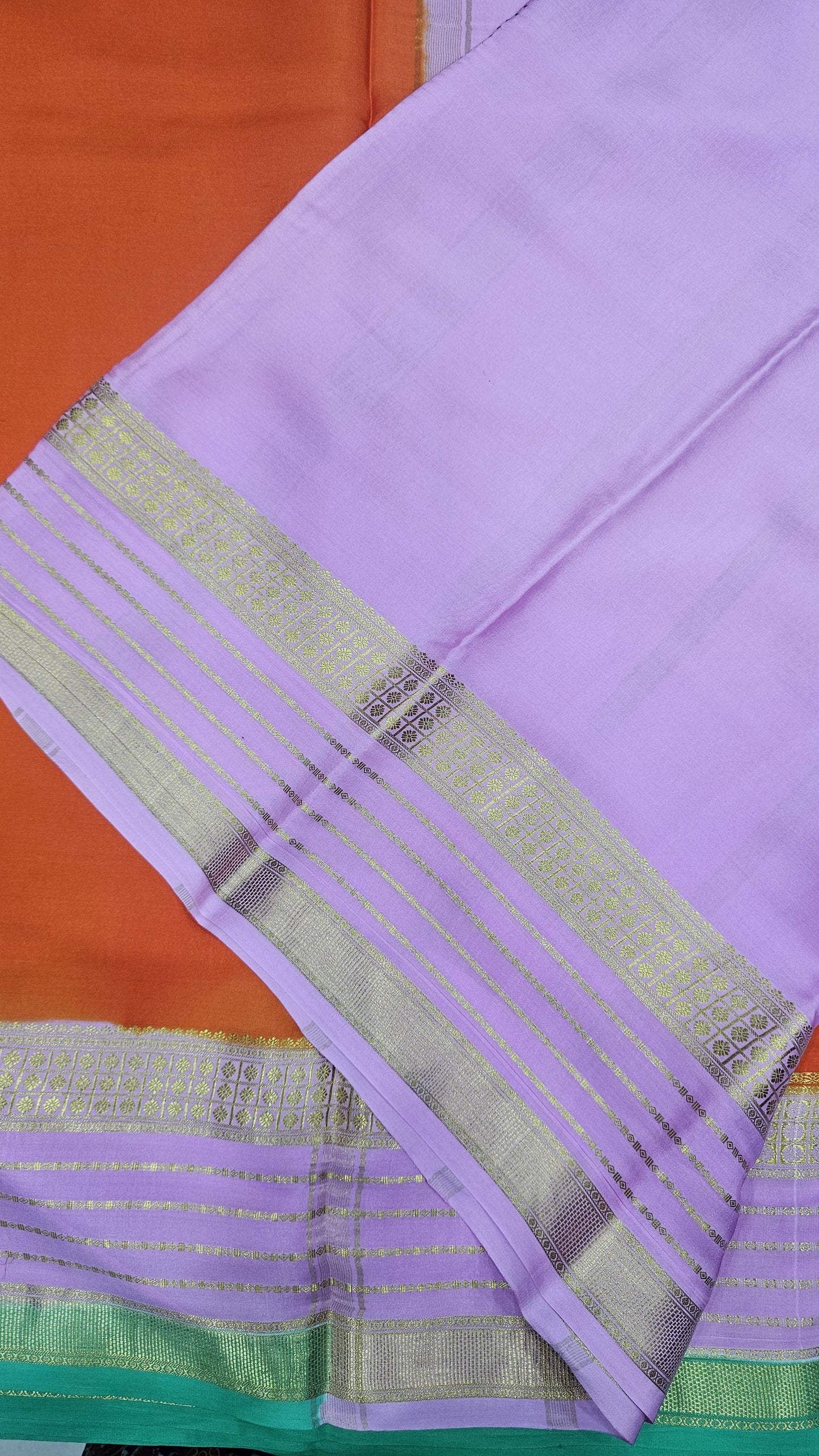 mysore crepe silK in KSIC Finish in orange with lavender pink 3d color