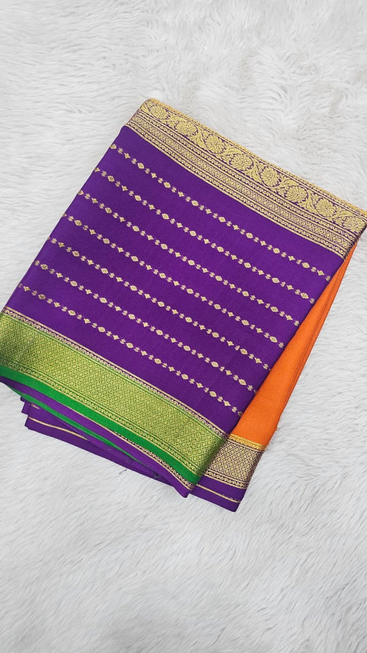 Mysore crepe silk sarees KSIC Finish in orange with purple 3d pattern