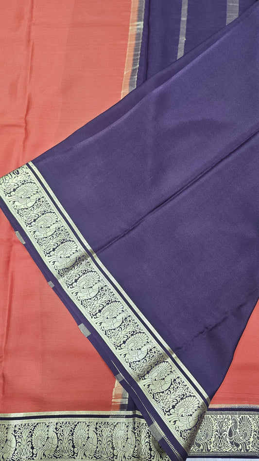 Mysore crepe silk sarees KSIC Finish in rust orange with dark brown peacock border