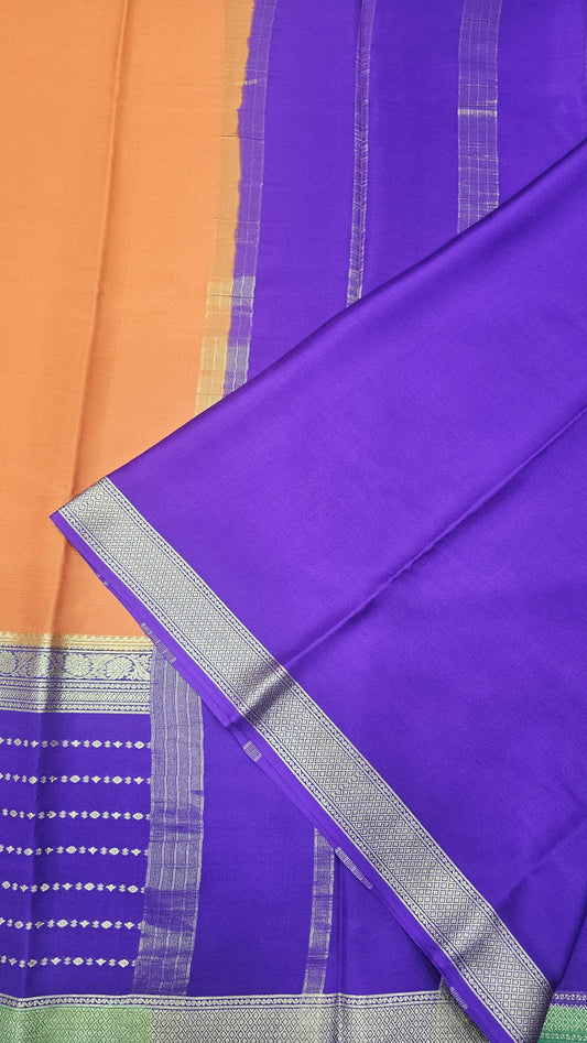 Mysore crepe silk sarees KSIC Finish in orange with purple 3d pattern