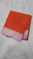 mysore crepe silk sarees in KSIC Finish in orange with baby pink flower border