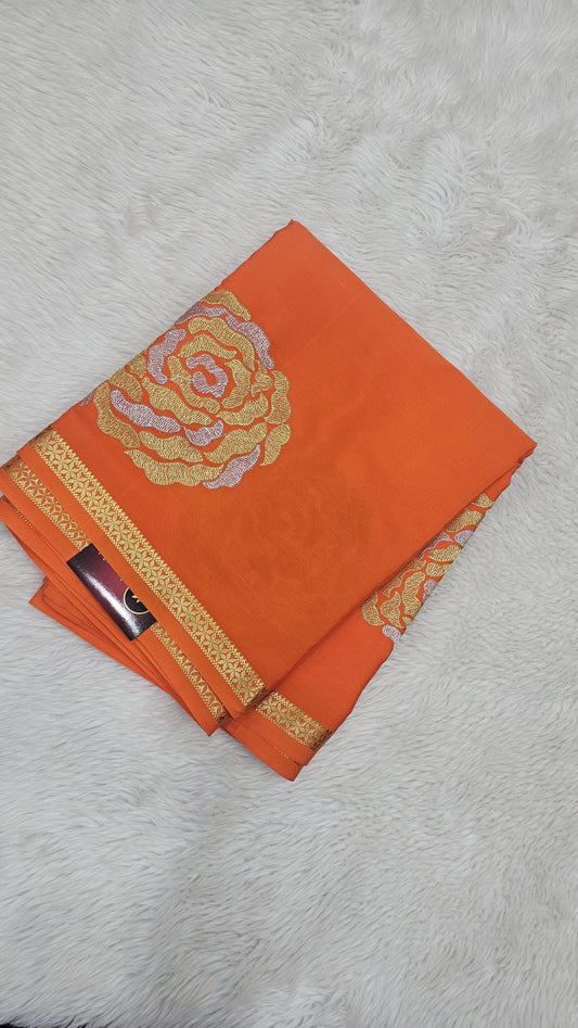Mysore crepe silk in KSIC Finish in orange self rose butta saree