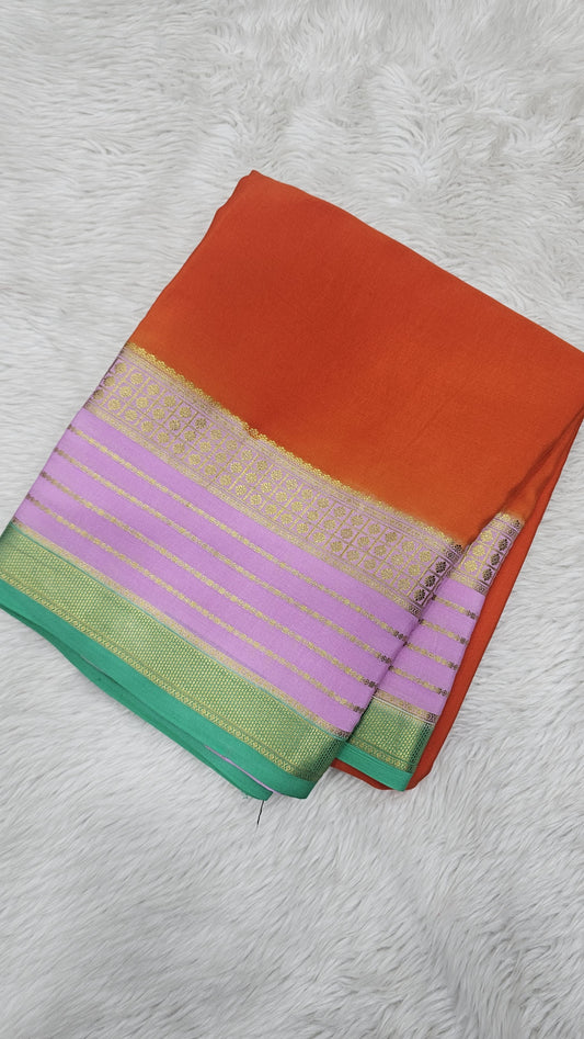 mysore crepe silK in KSIC Finish in orange with lavender pink 3d color