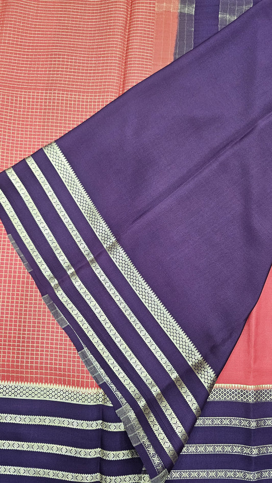 Mysore crepe silk sarees in KSIC finish in orange with brown checks pattern