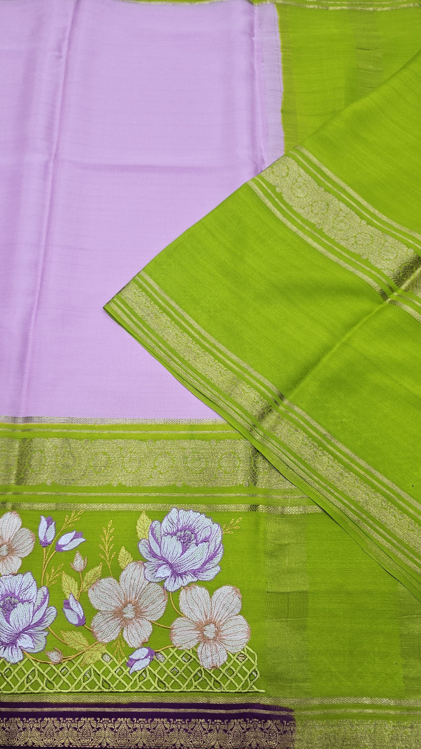 Mysore crepe silk saree in KSIC Finish in lavender pink with mehendi green  2side cutwork saree