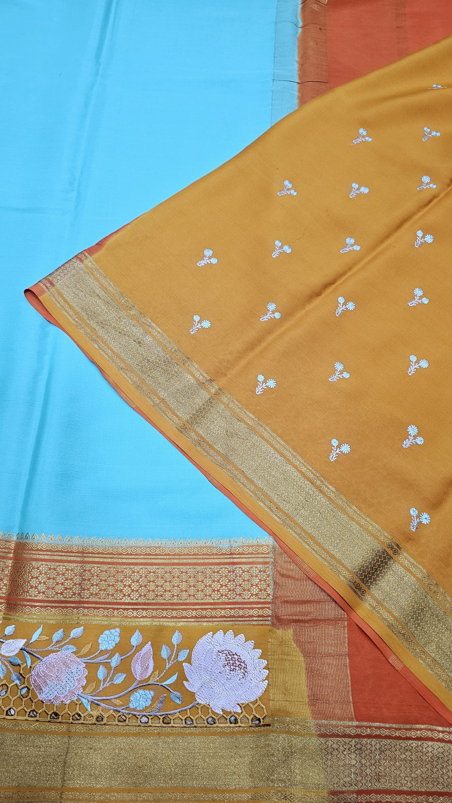 Mysore crepe silk saree in KSIC Finish in sea blue with mango 2side cutwork