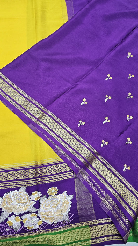 Mysore crepe silk saree in KSIC Finish in lemon green with purple 2side cutwork saree