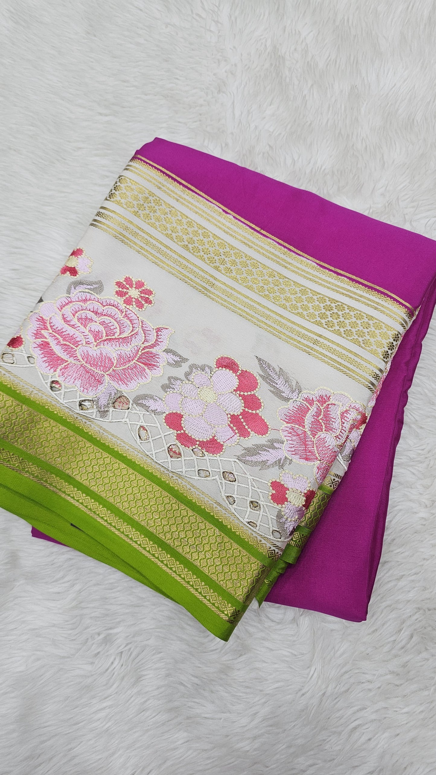 Mysore crepe silk saree in KSIC Finish in rani pink with mehendi green 2sides cutwork