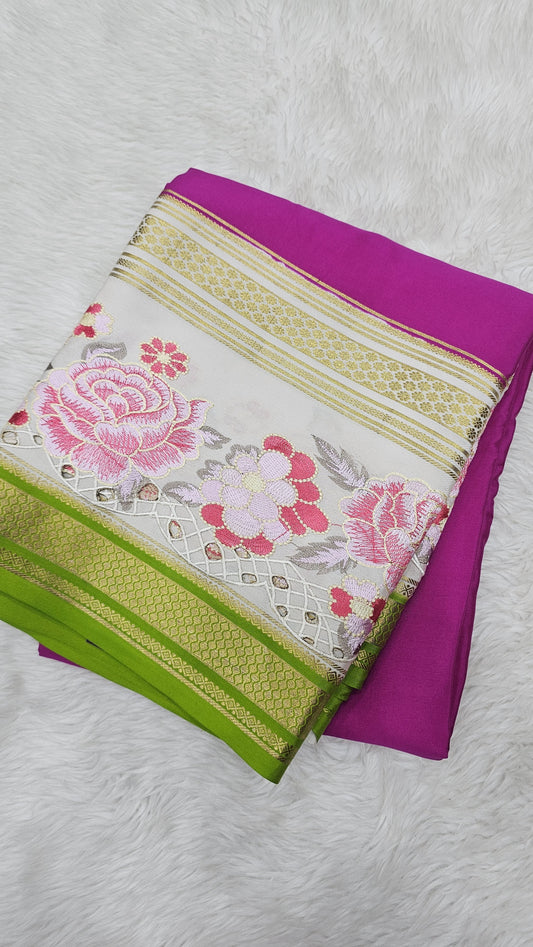 Mysore crepe silk saree in KSIC Finish in rani pink with mehendi green 2sides cutwork