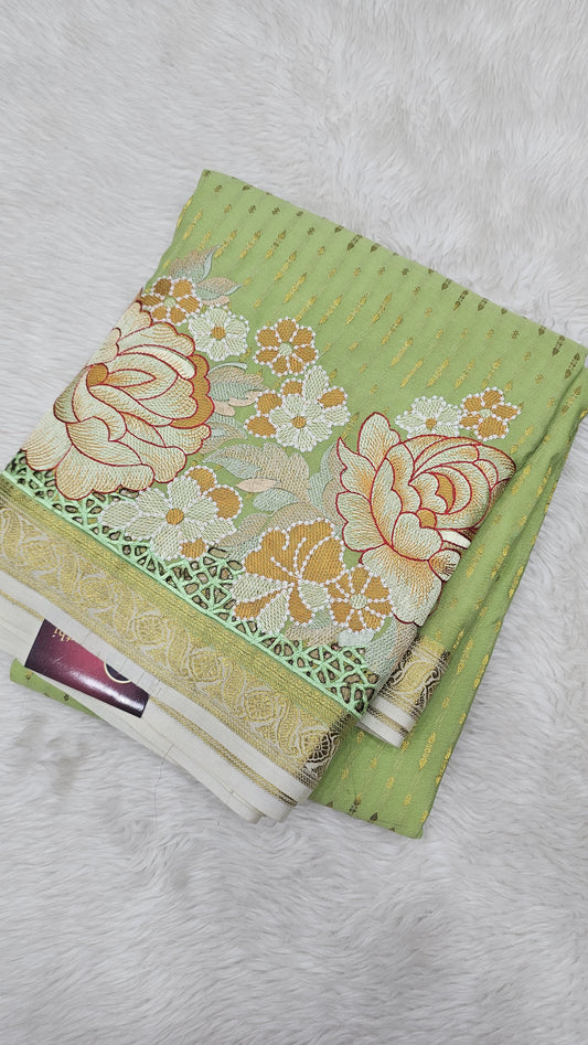 Mysore crepe silk saree in KSIC Finish in pista green with crem 1side cutwork saree