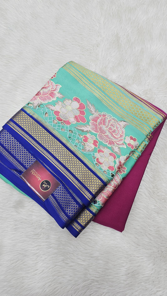 Mysore crepe silk saree in KSIC Finish in rani pink with blue 2side cutwork saree