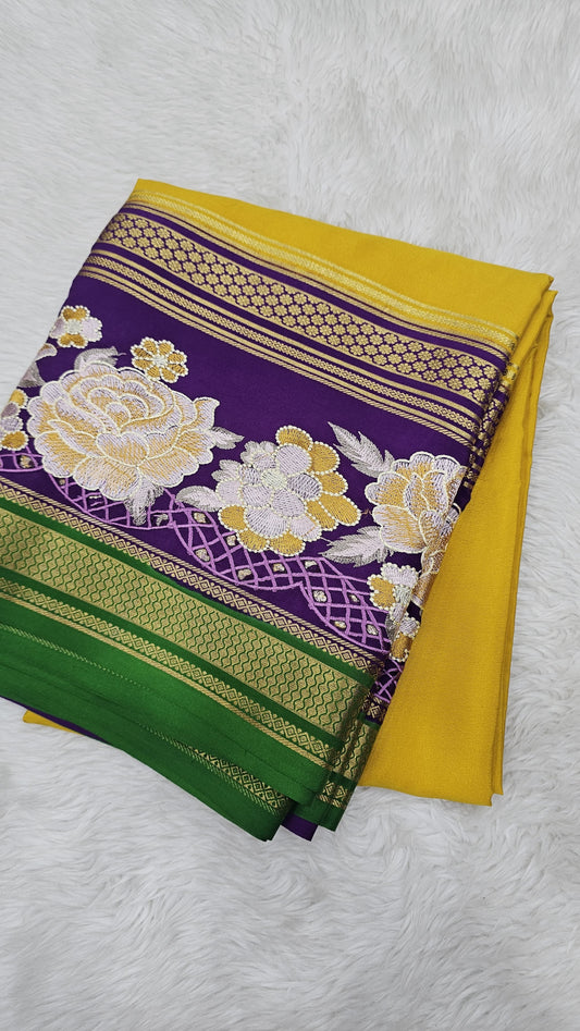 Mysore crepe silk saree in KSIC Finish in lemon green with purple 2side cutwork saree