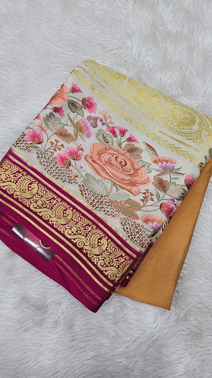 Mysore crepe silk saree in KSIC Finish in gold with pink 2side cutwork