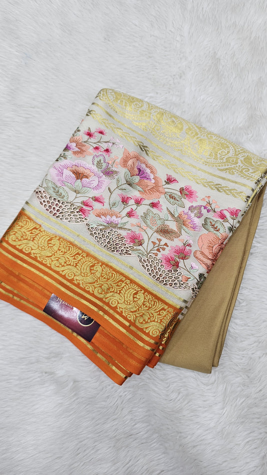 Mysore crepe silk saree in KSIC Finish in beige with cream.. 2side cutwork