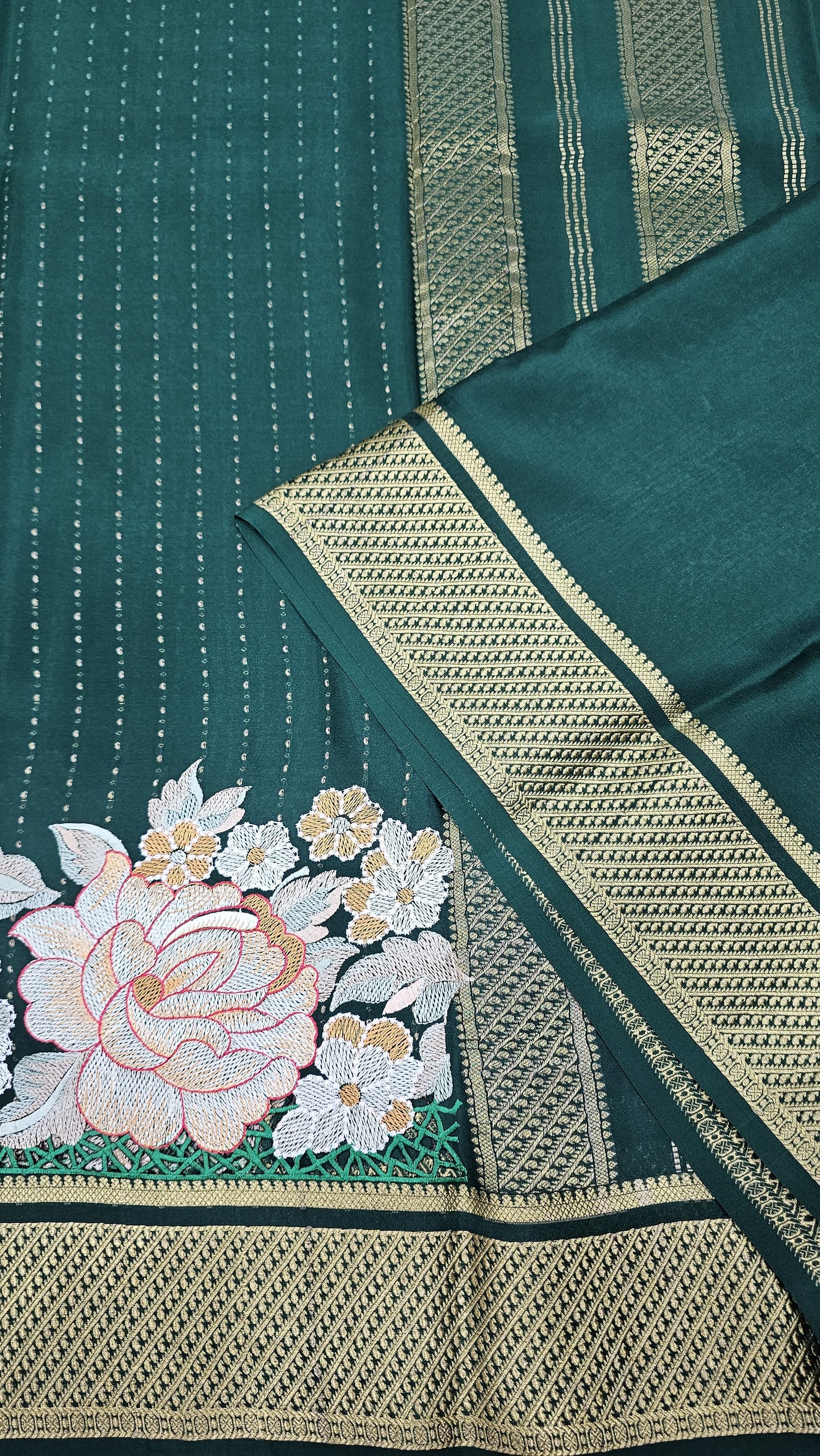 Mysore crepe silk saree in KSIC Finish in bottle green self 1side cutwork