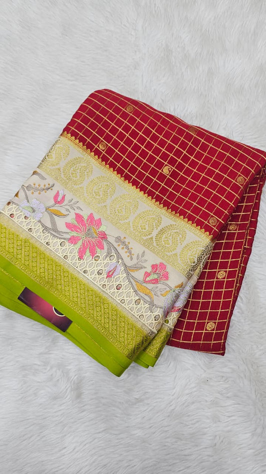 Mysore crepe silk saree in KSIC Finish in oil red with half white 2sides embroiedry