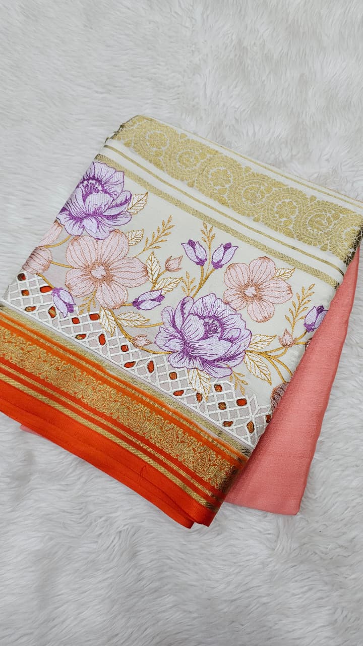 Mysore crepe silk saree in KSIC Finish in peach with orange 2side cutwork