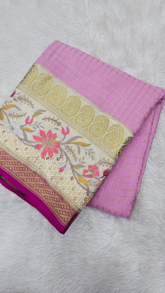 Mysore crepe silk saree in KSIC Finish in baby pink with half white 2sides embroiedry