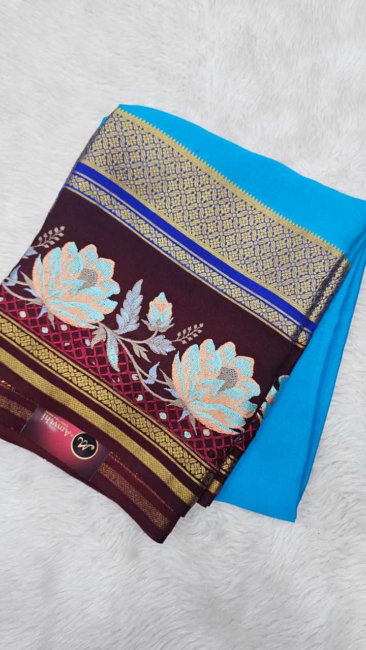 Mysore crepe silk saree in KSIC Finish in ananda blue with maroon red 2side cutwork