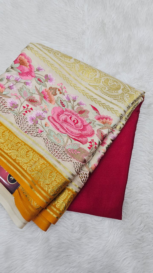 Mysore crepe silk saree in KSIC Finish in RED with half white 2side cutwork