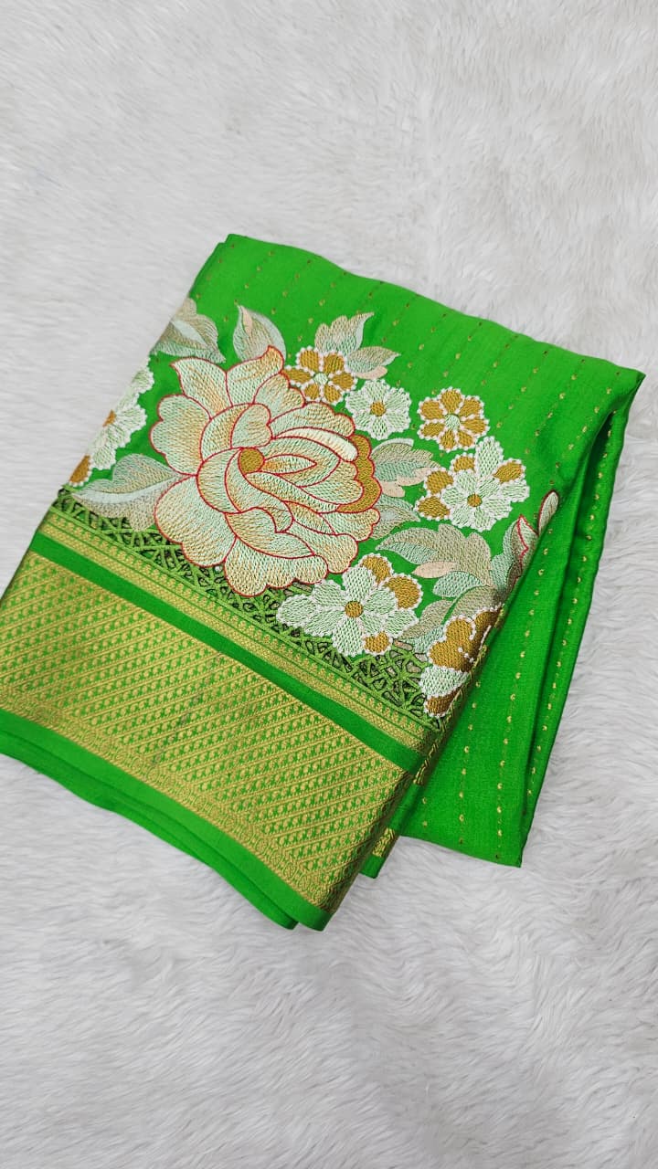 Mysore crepe silk saree in KSIC Finish in dark leaf green 1side cutwork saree