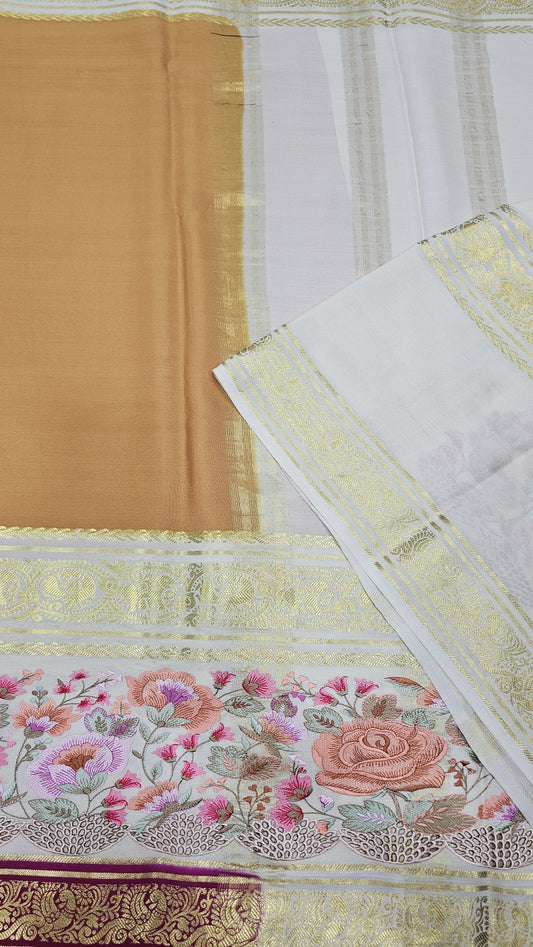 Mysore crepe silk saree in KSIC Finish in gold with pink 2side cutwork